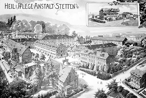 Historische Zeichnung von Gebäuden der Diakonie Stetten in Schwarz-Weiß. „Heil- und Pflegeanstalt“ war der damalige Name der Einrichtung.
