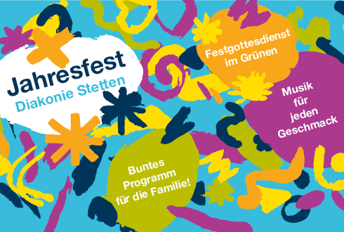 Gezeichnete bunte Konfetti auf blauem Hintergrund mit Angabe Jahresfest Diakonie Stetten