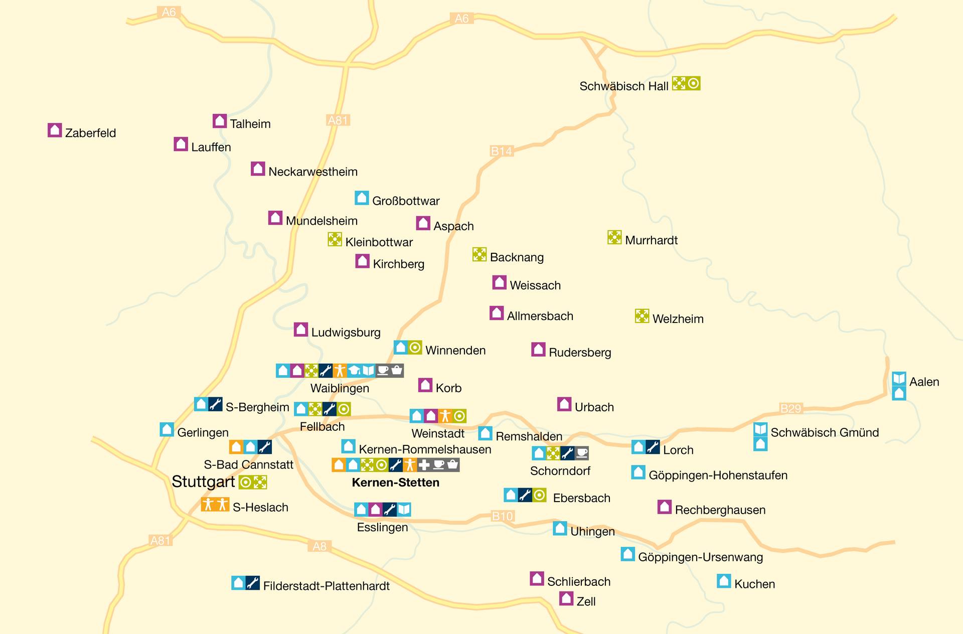 Karte mit Standorten der Diakonie Stetten e.V.