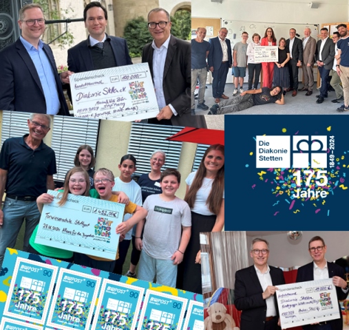 Foto-Collage mit Jubiläums-Logo „175 Jahre“ der Diakonie Stetten aus 2024 und vier Fotos von Spendenübergaben, auf denen zahlreiche Personen zu sehen sind. 